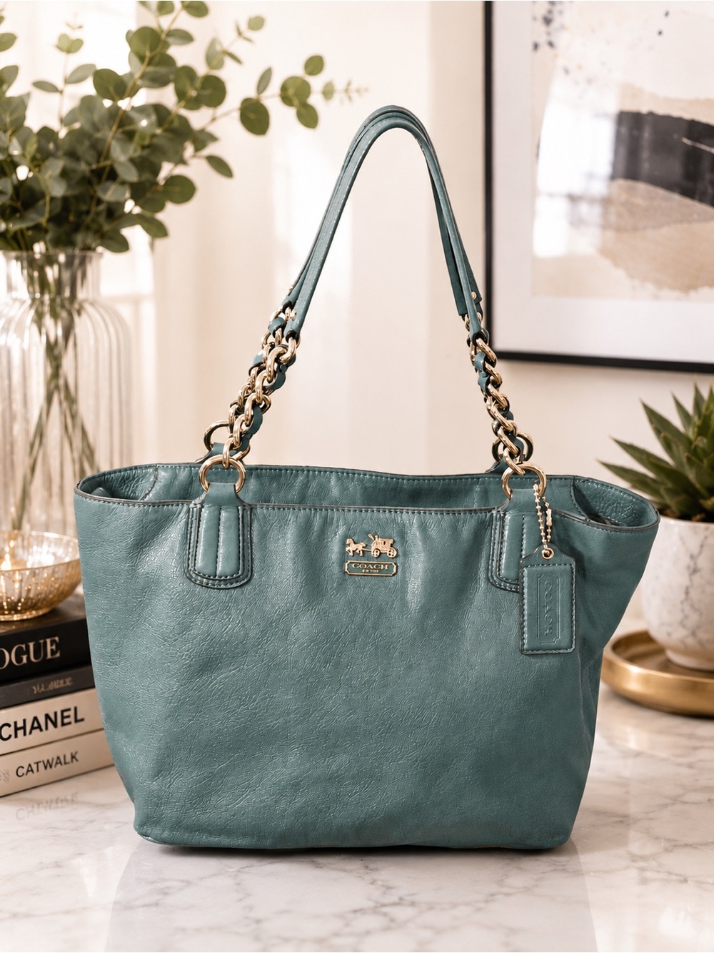 Coach Teal Leather Chain-Handle Shoulder Tote